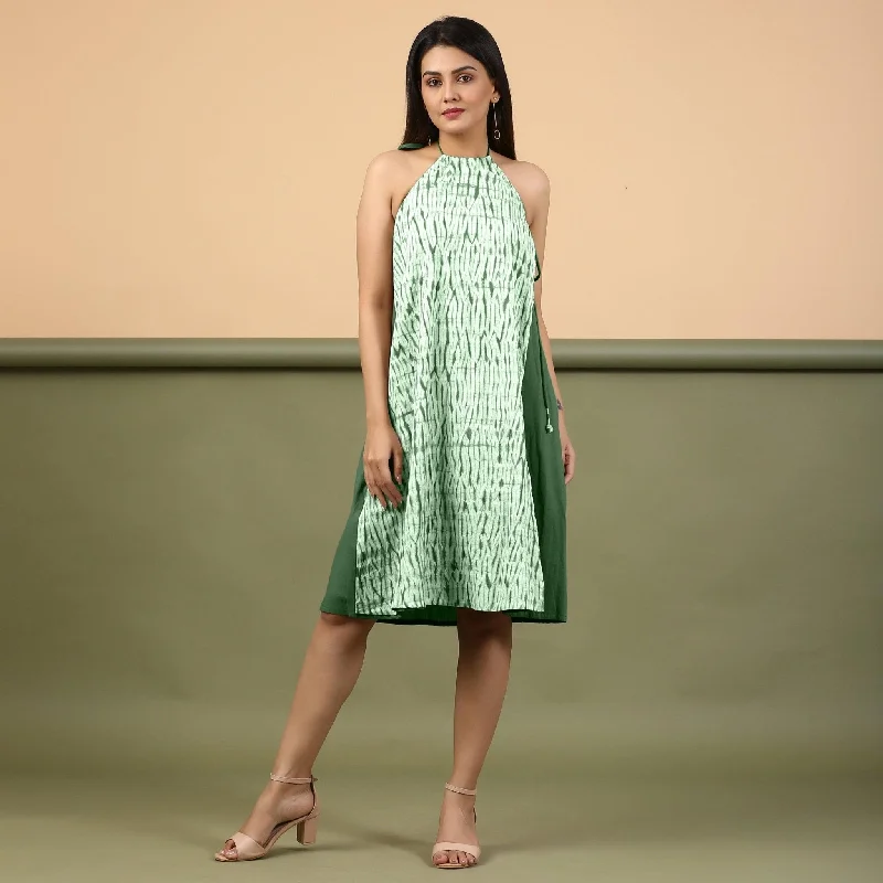 Savings Alert Forest Green Halter Neck Tie-Dye Cotton Knee Length Dress
