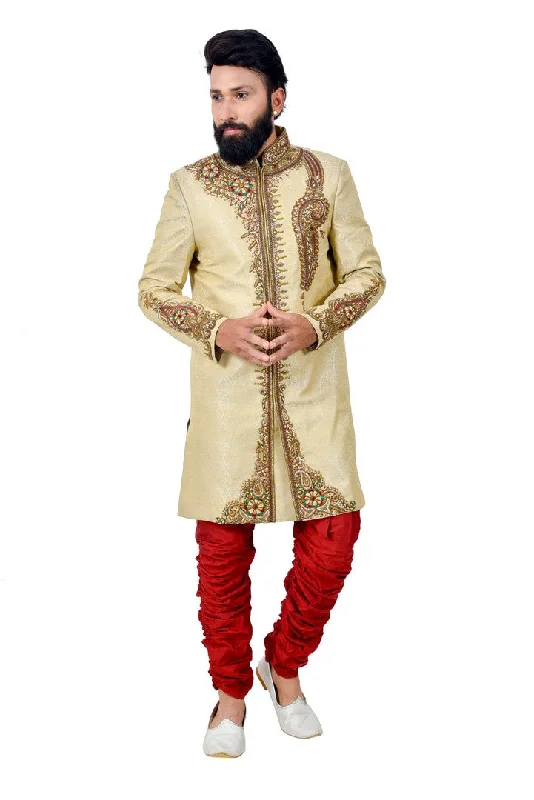 Markdown Madness Designer Vanilla And Maroon Indian Wedding Sherwani For Men - RK2062 Markdown Madness Designer Vanilla And Maroon Indian Wedding Sherwani For Men - RK2062