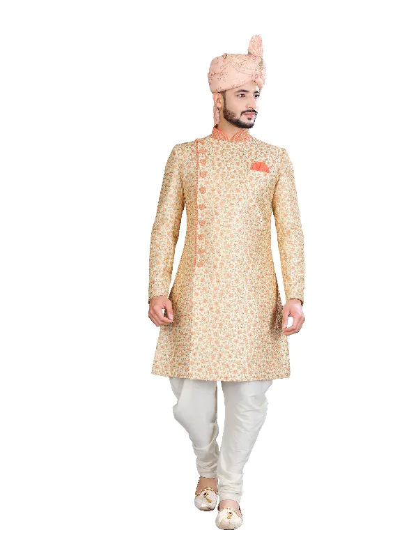 Shop and Save Chic Gold and Peach  Silk Indian Wedding Sherwani For Men
