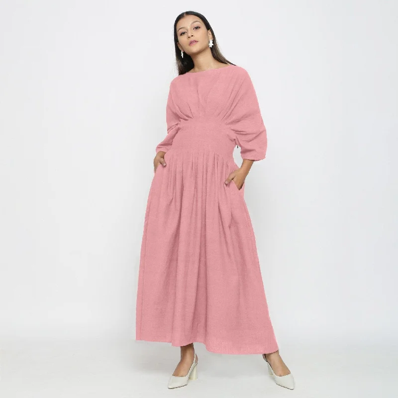 Price Reduction Pink Cotton Flax Ankle Length Pleated Flared Dress