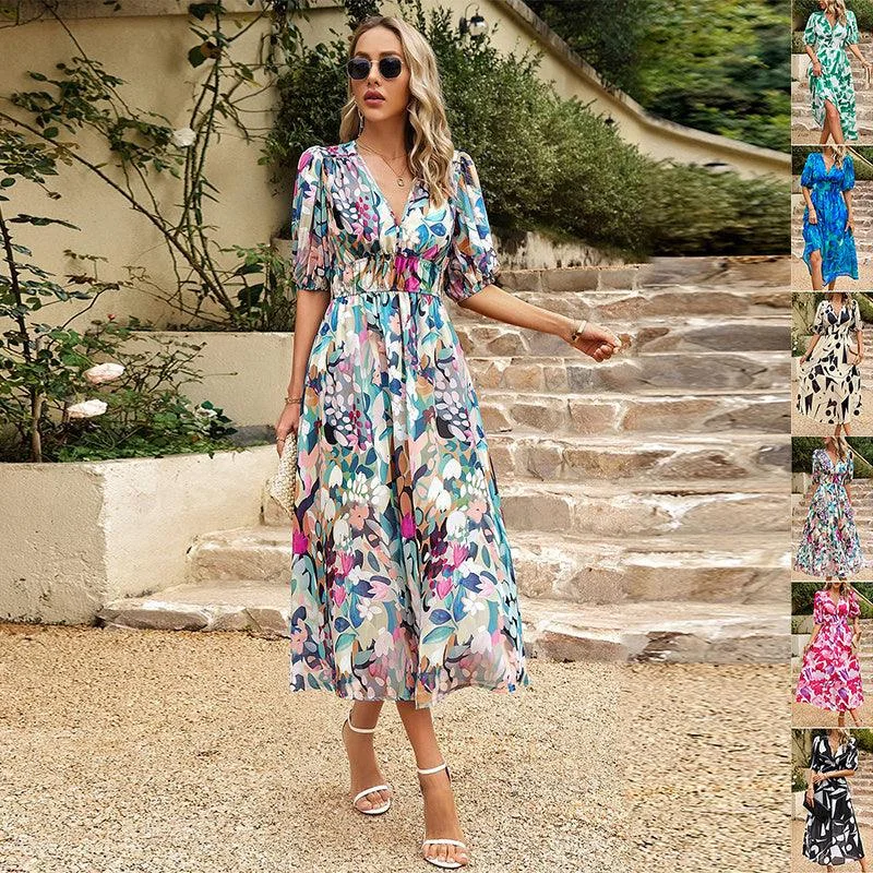 Price Reduction New V-neck Printed Short-sleeved Long Dress Summer Fashion Slim Seaside Vacation Beach Dresses For Women Clothing Price Reduction New V-neck Printed Short-sleeved Long Dress Summer Fashion Slim Seaside Vacation Beach Dresses For Women Clothing
