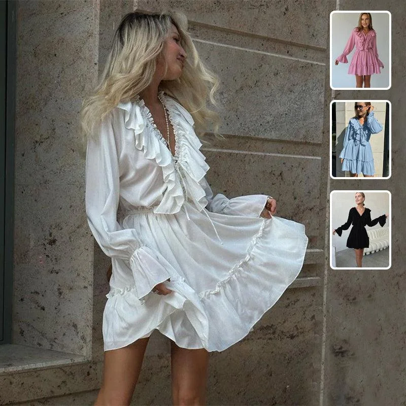 Price Smash Fashion V Neck Pleated Ruffle Long Sleeve Dress Y2K V Neck Flared Sleeve Short Dress Women's Clothing Price Smash Fashion V Neck Pleated Ruffle Long Sleeve Dress Y2K V Neck Flared Sleeve Short Dress Women's Clothing