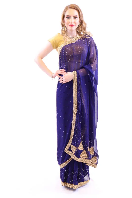 Hot Deal Classy & Chic Navy Blue with Gold Embroidered Pre-Pleated Ready-Made Sari-SNT10028