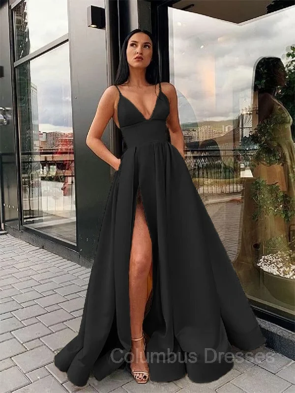 Clearance Sale A-Line/Princess Spaghetti Straps Floor-Length Satin Prom Dresses With Leg Slit Clearance Sale A-Line/Princess Spaghetti Straps Floor-Length Satin Prom Dresses With Leg Slit