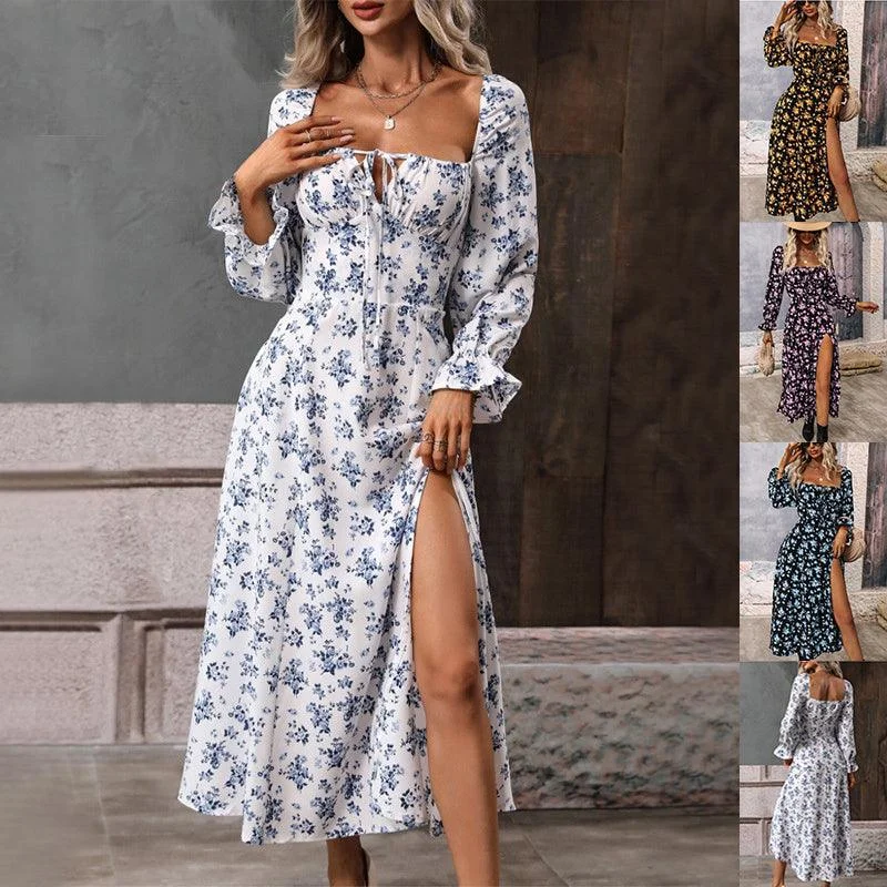 Sneak Peek Sale Flowers Printing Long Sleeve Dress Fashion Square-neck Bottom Slit Dresses Womens Clothing Sneak Peek Sale Flowers Printing Long Sleeve Dress Fashion Square-neck Bottom Slit Dresses Womens Clothing