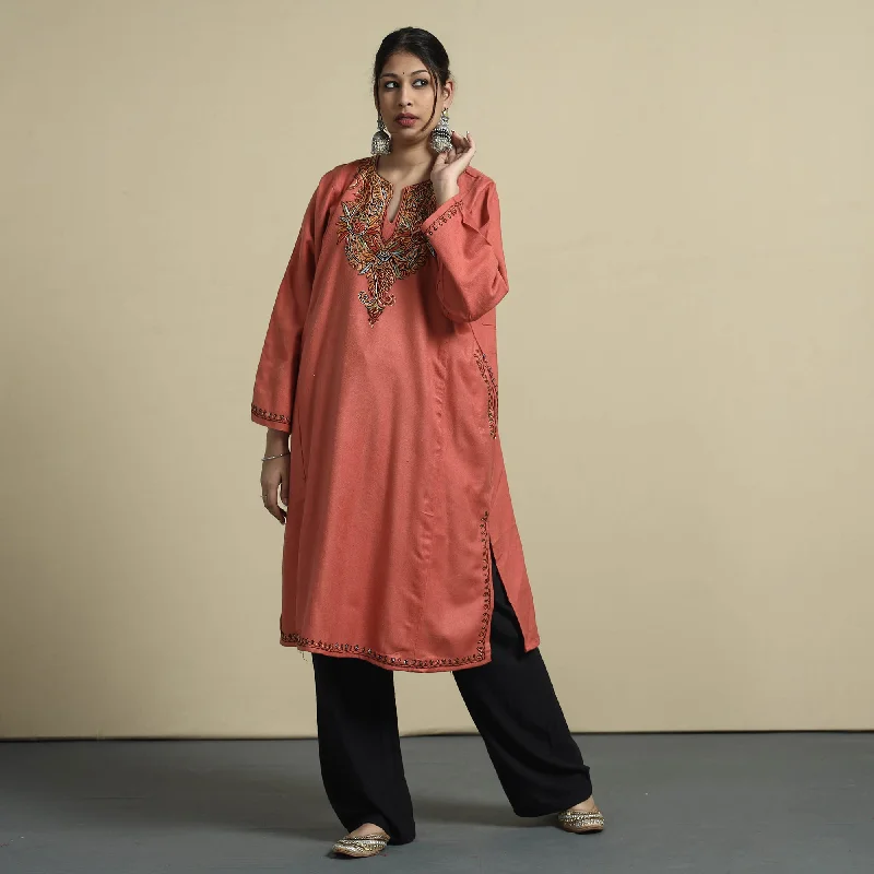 Weekend Special Peach - Sozni Embroidery Kashmiri Cashmilon Wool Pheran