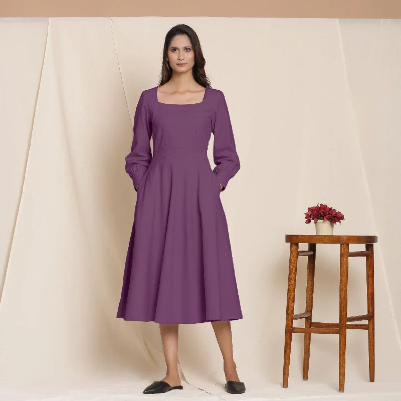 Special Promotion Wine Warm Cotton Flannel Fit and Flare Midi Dress