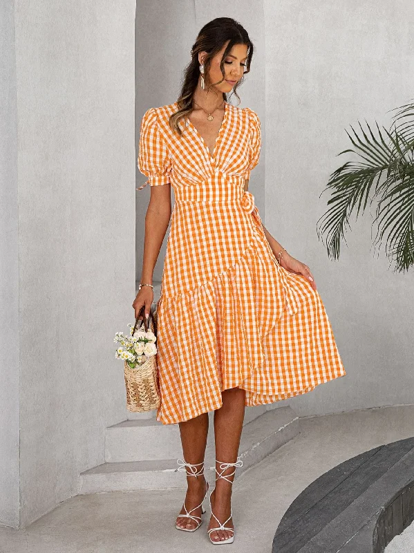 Year-End Clearance Women's Summer Casual Puff Sleeved V-Neck Plaid