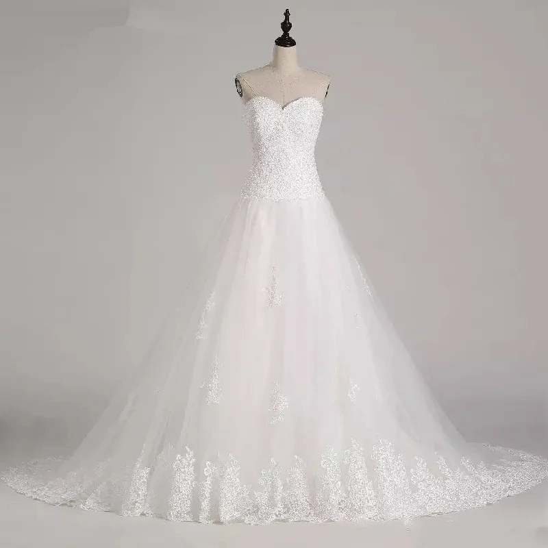 The Best Prices Women's A-Line Lace Long Wedding Dress With Chapel Train