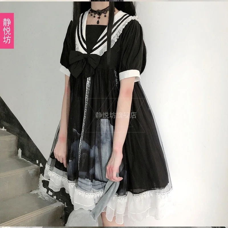 Stock Clearance Black Lolita Sailor Mesh Dress