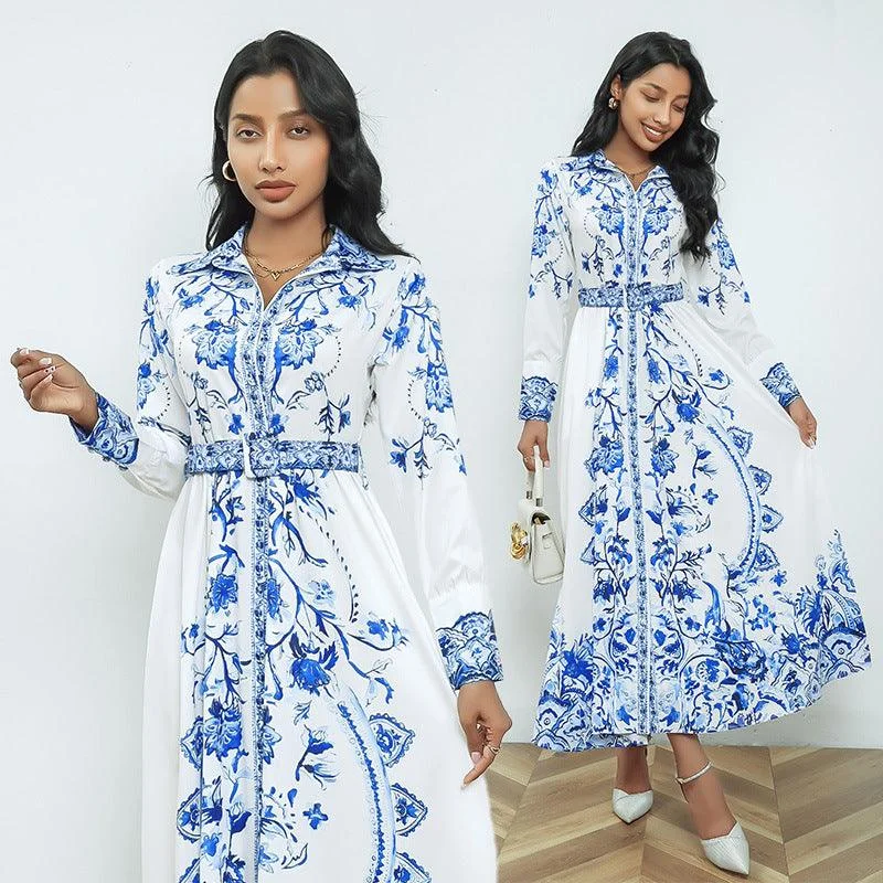 Final Clearance Real Shot Long Sleeve Stand Collar Retro Printed Dress