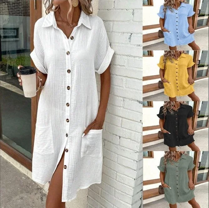 Shop and Save Summer Short Sleeve Shirt Dress Fashion Solid Color Single-breasted Mid-length Loose Dress