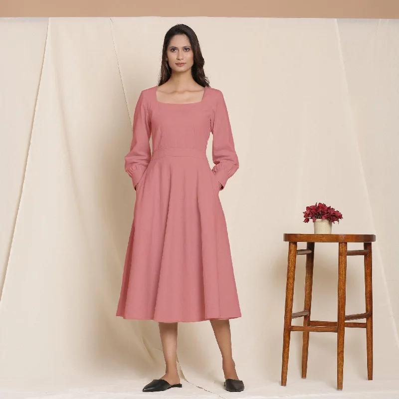 Markdowns Pink Warm Cotton Flannel Fit and Flare Midi Dress