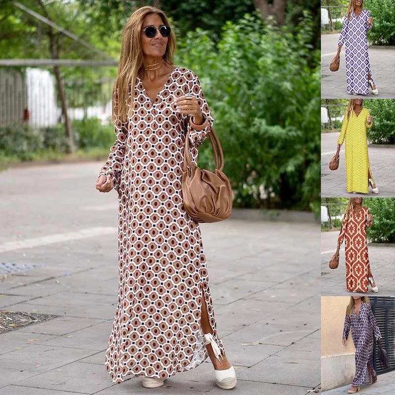 Weekend Flash Sale Summer Geometric Printed V-neck Long Dress Fashion Long Sleeve Slit Dresses For Women Weekend Flash Sale Summer Geometric Printed V-neck Long Dress Fashion Long Sleeve Slit Dresses For Women
