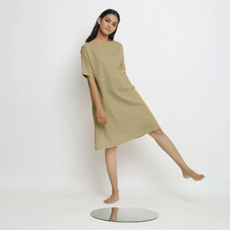Extra Savings Khakhi Green Handspun Cotton Knee Length Yoked Dress
