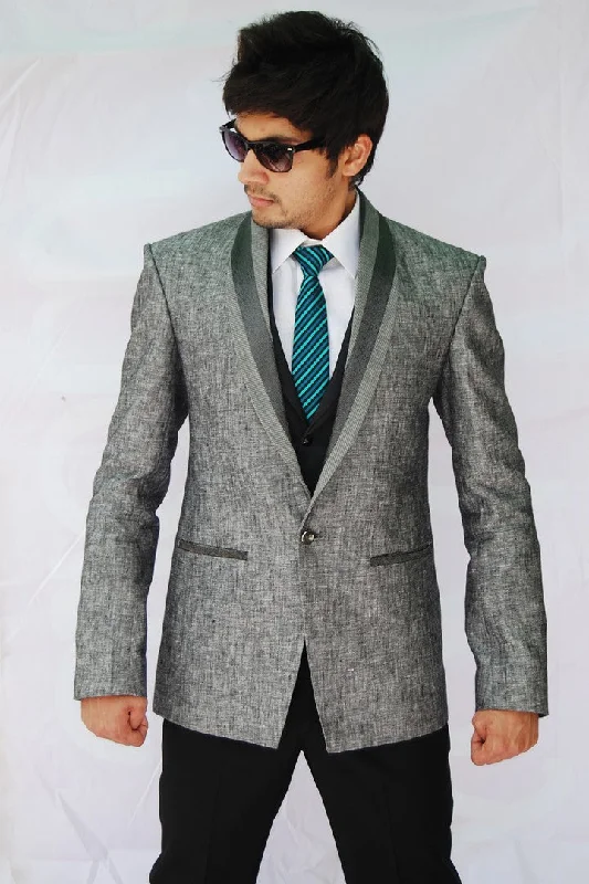 Exclusive Preview Mélange Grey Shawl Lapel Linen Blazer For Men - BL5059SNT