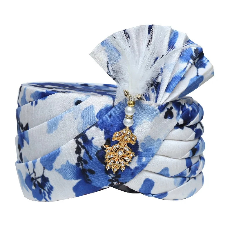 Friends and Family Sale Blue Silk Floral Print Wedding Safa Turban Pagdi -SNTBL0020