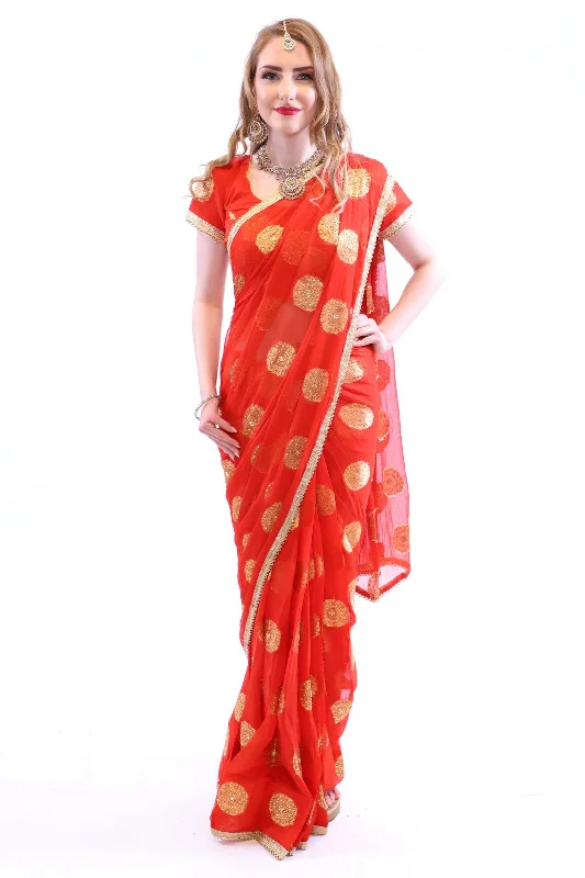 Savings Galore Refreshing Orange with Gold Print Pre-Pleated Ready-Made Sari