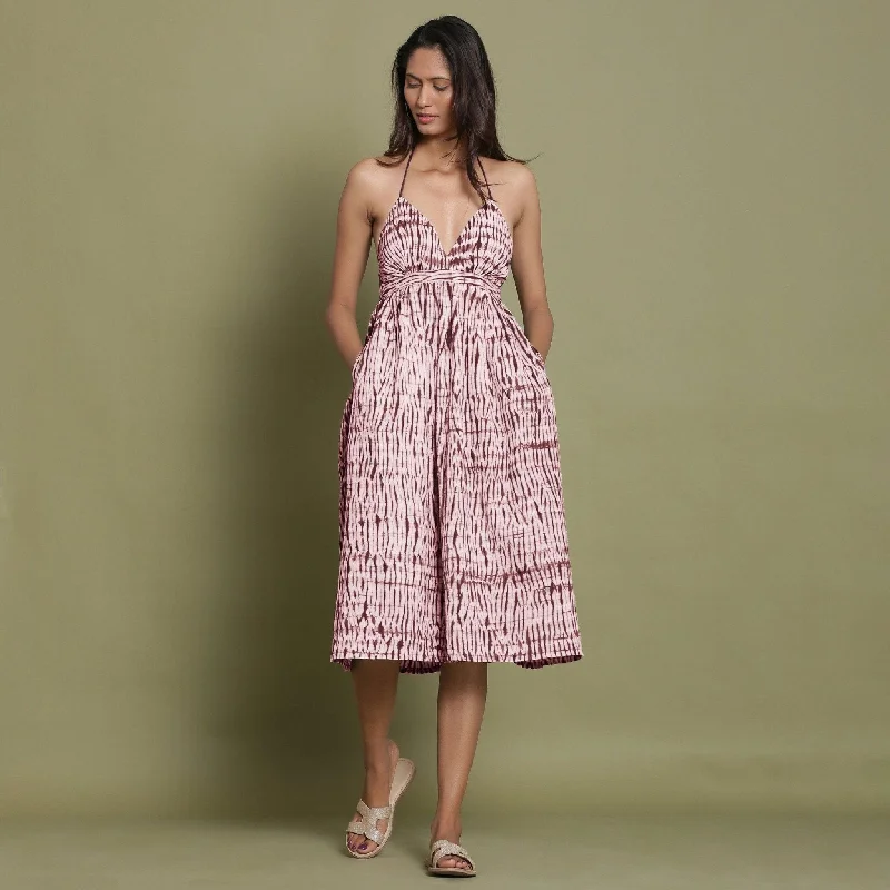 Price Cut Maroon Shibori Tie-Dye Cotton Plunge Neck Gathered Midi Dress