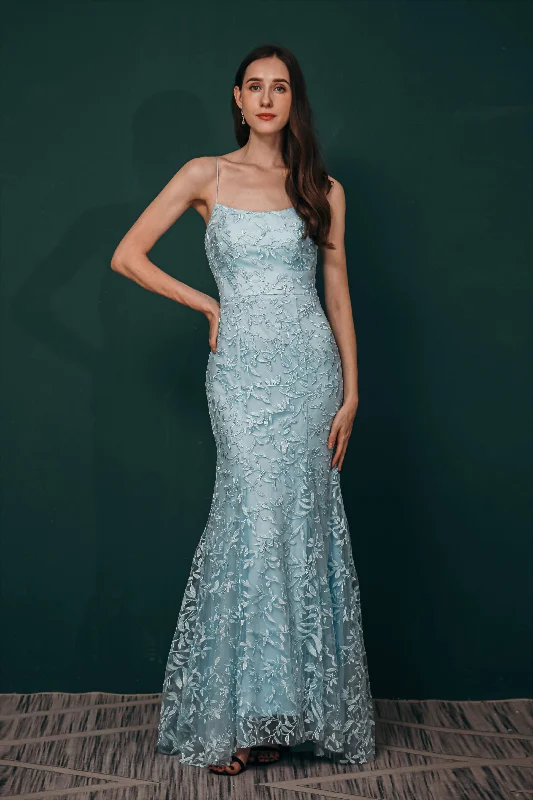 Quick Sale Sky Blue Backless Long Lace Spaghetti Straps Corset Prom Dresses outfit