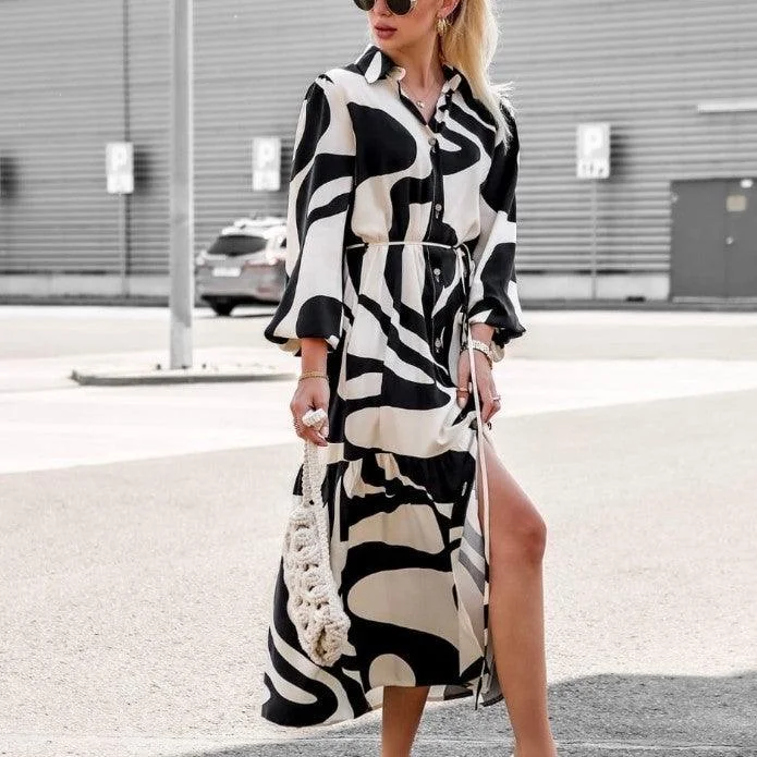 Discount Days Women's Printed Leisure Commute Long Sleeve Lace-up Dress