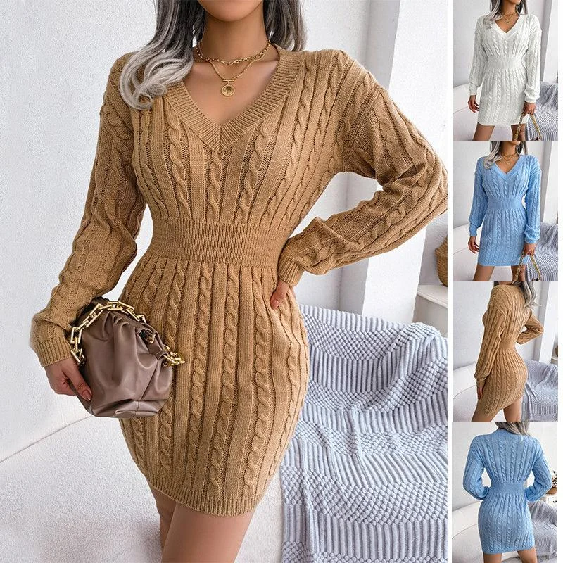 Grand Opening Sale Solid Color V-Neck Long Sleeve Knit Dress Ins Fashion Slim Waisted Hip Dress Womens Clothing Grand Opening Sale Solid Color V-Neck Long Sleeve Knit Dress Ins Fashion Slim Waisted Hip Dress Womens Clothing