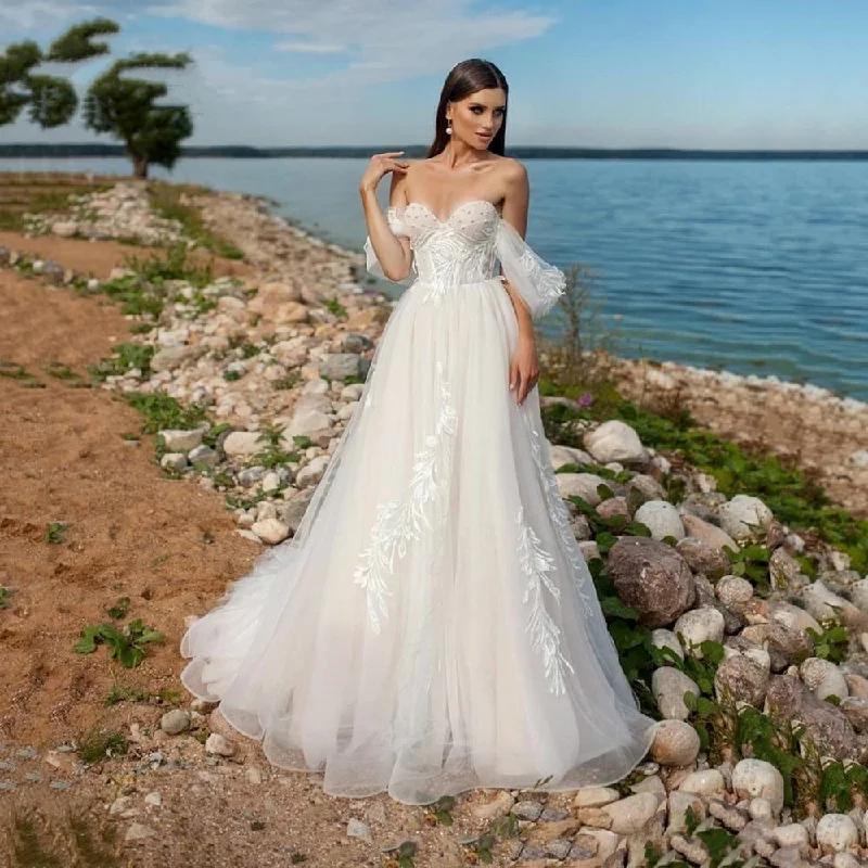 One-DAY Sale Women's Strapless Tulle Wedding Dress With Cap Sleeves