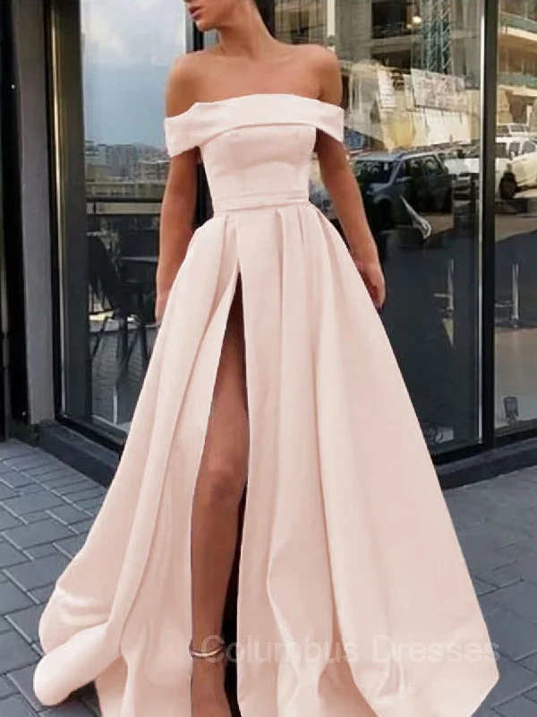 Deal Mania A-Line/Princess Off-the-Shoulder Sweep Train Satin Prom Dresses With Leg Slit Deal Mania A-Line/Princess Off-the-Shoulder Sweep Train Satin Prom Dresses With Leg Slit