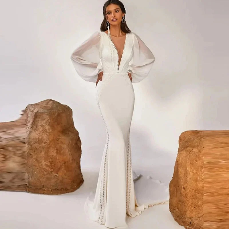 Savings Galore Women's V-Neck Long Chiffon Sleeved Wedding Dress With Train