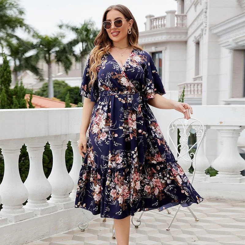 Deal Zone Summer V-neck Dark Blue Print Plus Size Dress