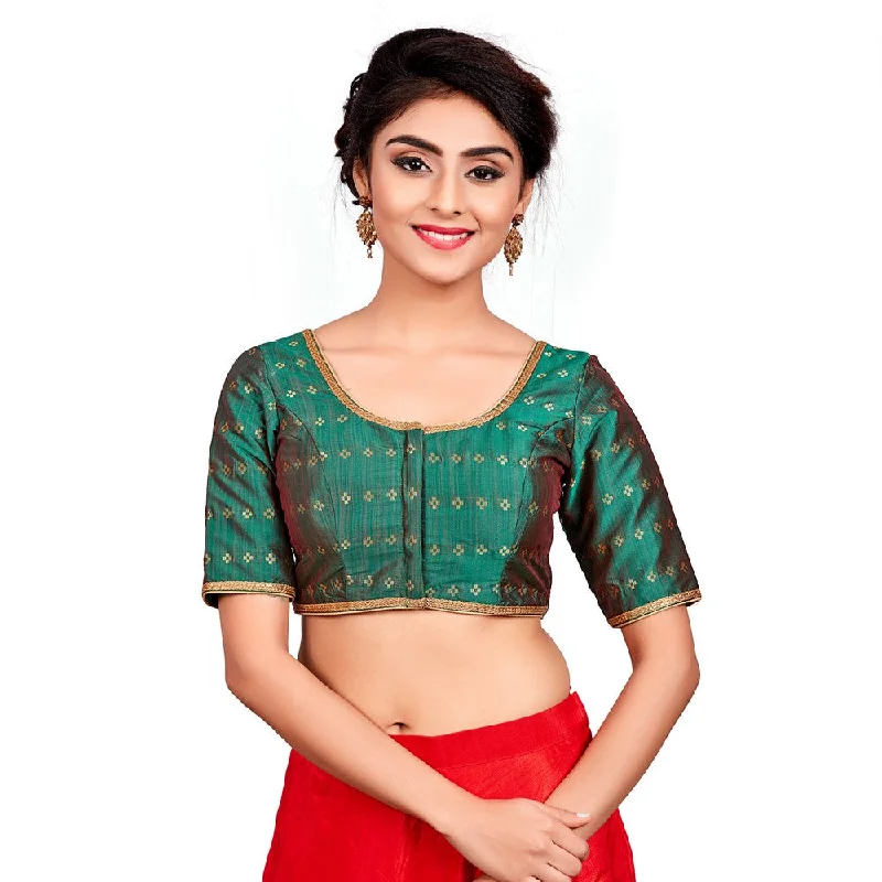 Can't Miss Designer Indian Bottle Green Dupion Silk Padded Front Open Hooks Elbow Sleeves Saree Blouse (Co-722) Can't Miss Designer Indian Bottle Green Dupion Silk Padded Front Open Hooks Elbow Sleeves Saree Blouse (Co-722)