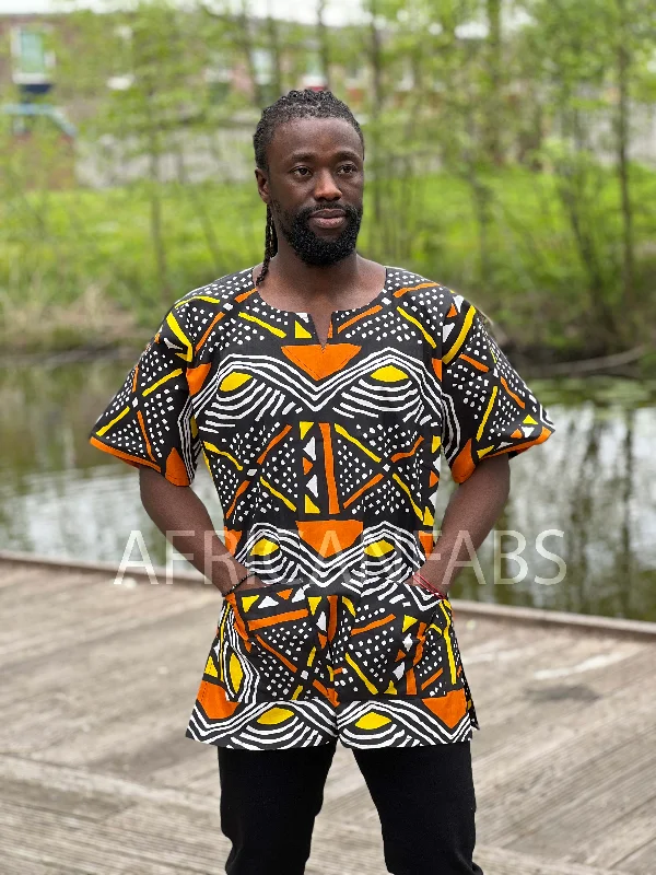Doorbuster Deal Black / yellow / orange Bogolan Dashiki Shirt / Dashiki Dress - African print top - Unisex Doorbuster Deal Black / yellow / orange Bogolan Dashiki Shirt / Dashiki Dress - African print top - Unisex