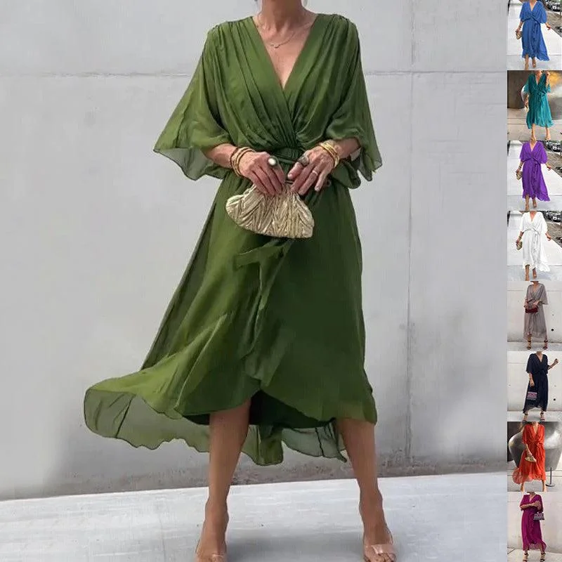 Weekend Special Batwing Sleeve V-neck Dress Summer Pure Color Tied Irregular Long Dresses Womens Clothing Weekend Special Batwing Sleeve V-neck Dress Summer Pure Color Tied Irregular Long Dresses Womens Clothing