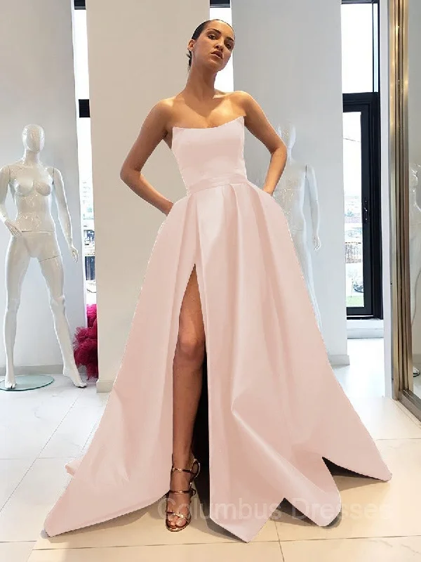 Crazy Savings Ball Gown Strapless Sweep Train Satin Prom Dresses With Leg Slit