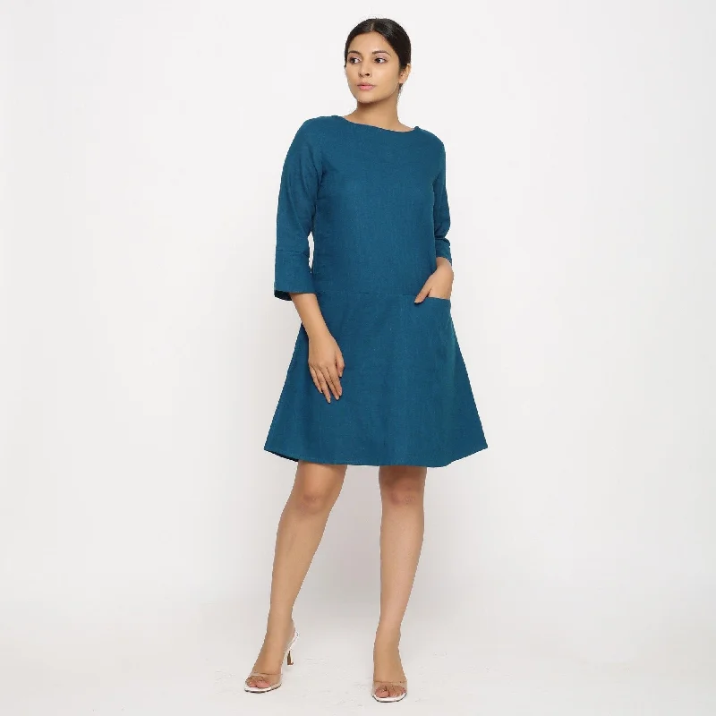 YEAR-End Sale Teal Blue Cotton Round Neck Short Tunic Dress