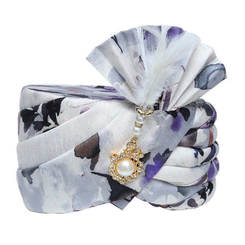 Online Exclusive Purple and White Floral Print Wedding Safa Turban Pagdi -SNTBL0024