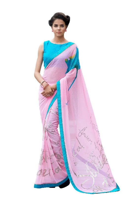 Value Deals Demure in Pink Digital Print Designer Crepe Silk Saree Sari D-316