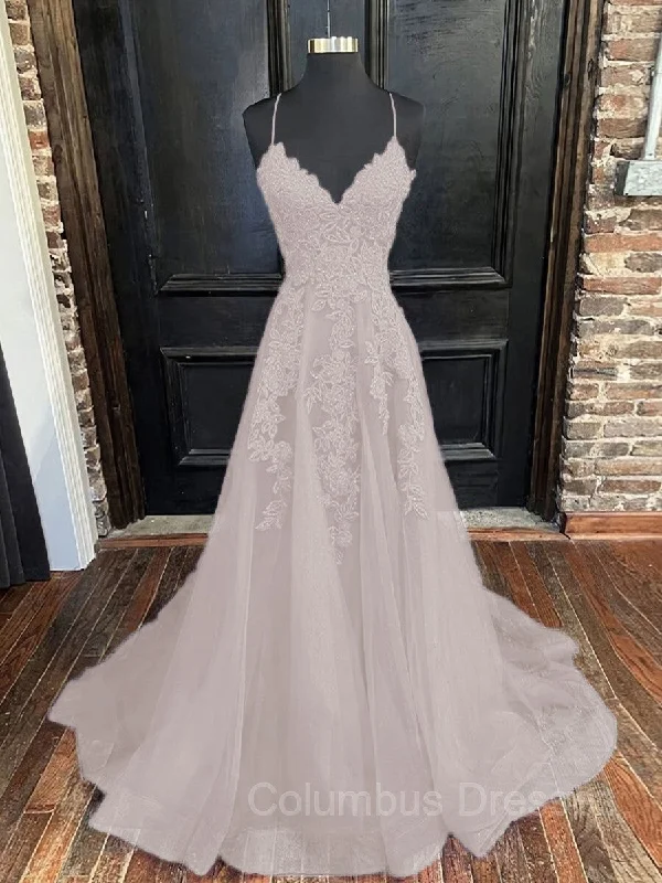 Super Sale A-Line/Princess V-neck Sweep Train Tulle Evening Dresses With Appliques Lace Super Sale A-Line/Princess V-neck Sweep Train Tulle Evening Dresses With Appliques Lace