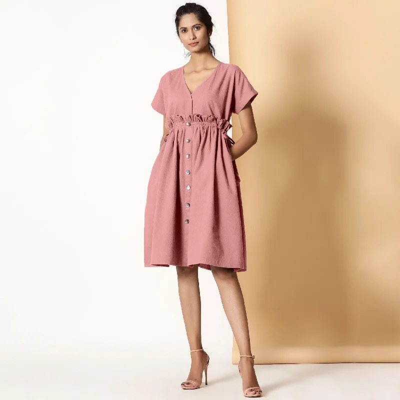 Holiday Sale Powder Pink Warm Cotton Flannel Knee Length Frilled Dress