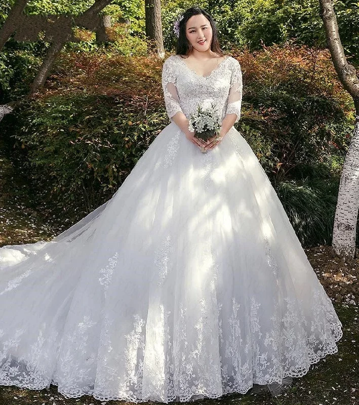 Act Now Women's Half Sleeved Lace Wedding Dress With Train | Plus Size
