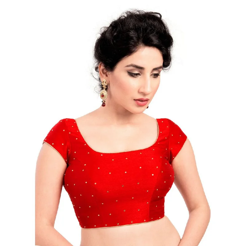 Massive Deals Lovely Stone Work Designer Indian Traditional Red Round Neck Saree Blouse Choli (CO-202SL-Red)