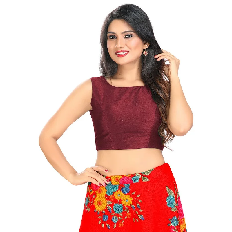 Instant Discount Modestly Stunning Maroon Designer Indian High-Neck Sleeveless Saree Blouse Choli (VFJ-45-Maroon)