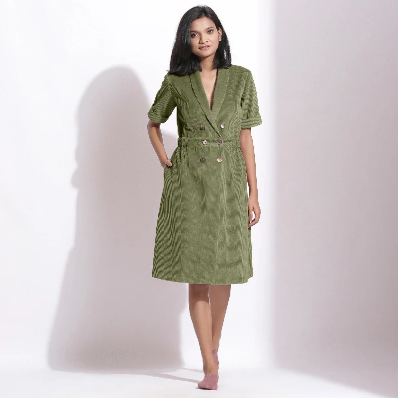 New Arrival Sage Green Warm Cotton Corduroy Knee Length Coat Dress