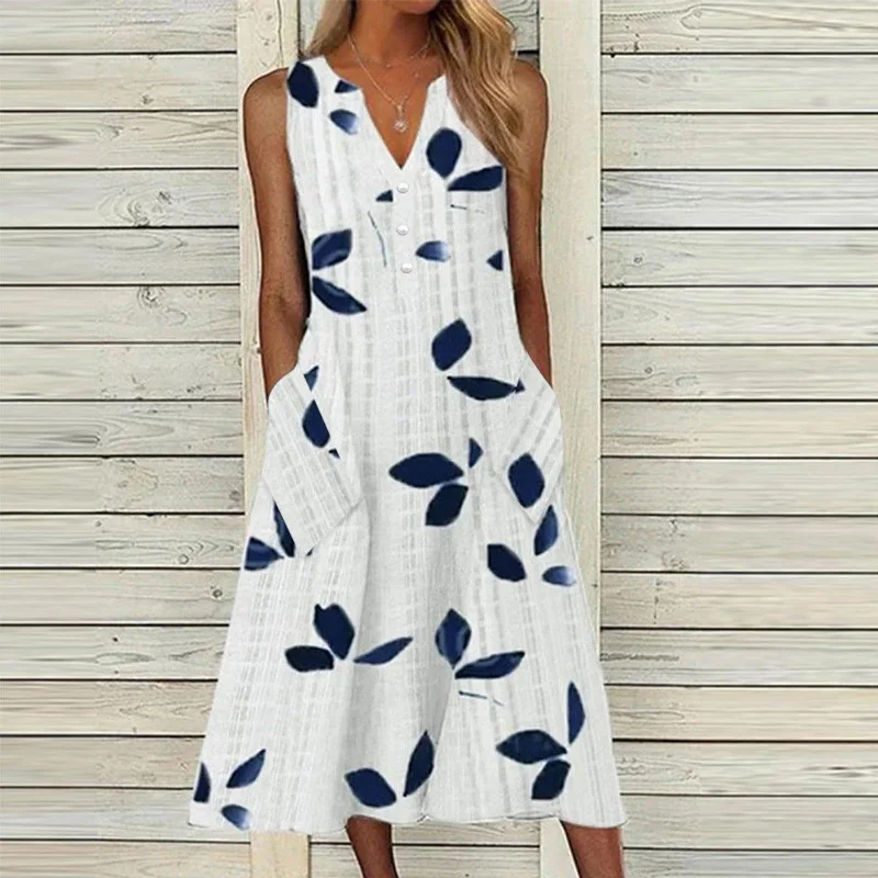 Quick Sale Women's Casual Leaf Waist V-neck Mid-length Dress