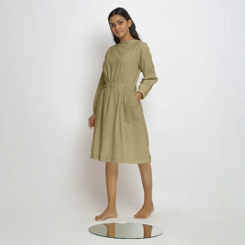 Midnight Madness Khakhi Green 100% Cotton Knee Length Fit and Flare Dress