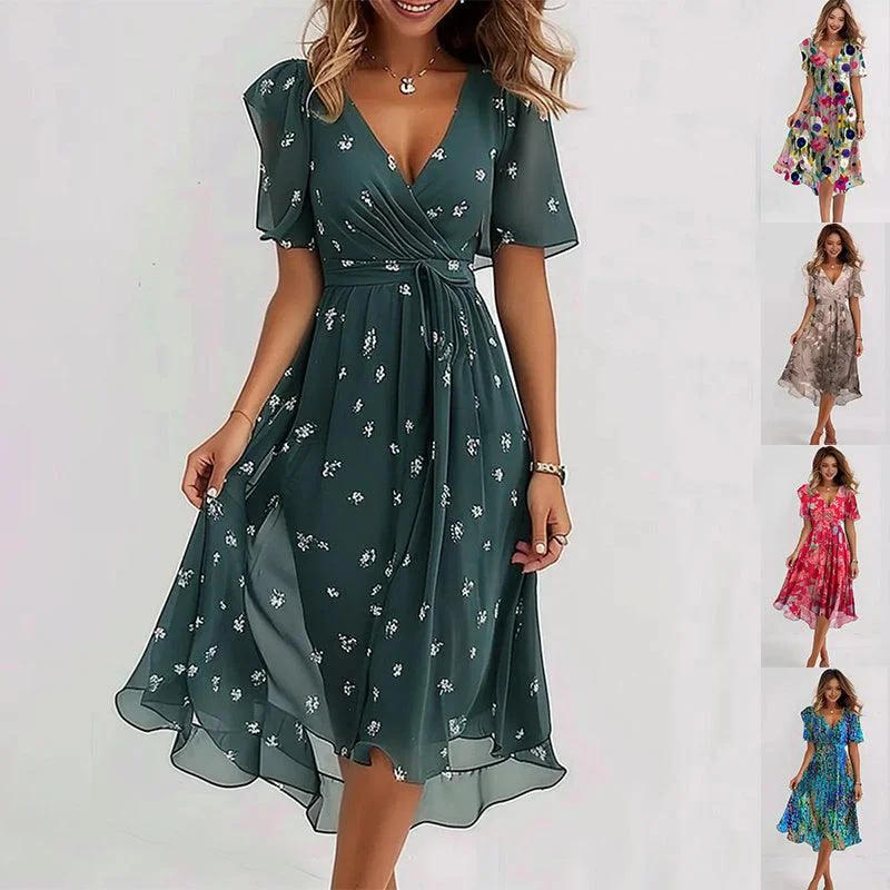 Limited Edition Chiffon Printed Short Sleeve Dress Summer Elegant V-neck Dresses Womens Clothing Limited Edition Chiffon Printed Short Sleeve Dress Summer Elegant V-neck Dresses Womens Clothing