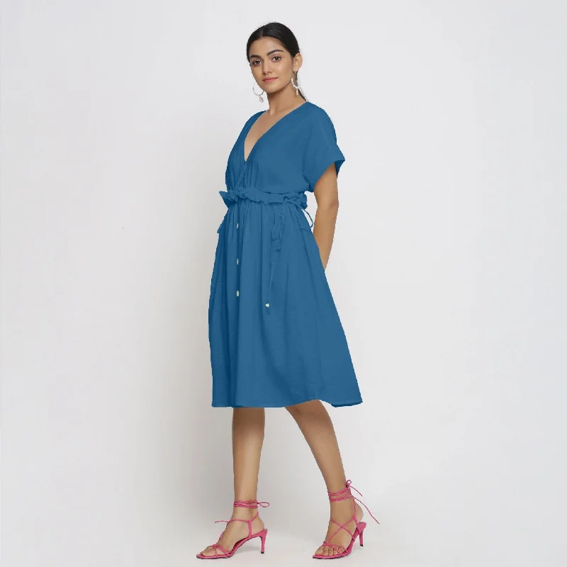 Don't Miss Teal Cotton Knee Length Bohemian Frilled Dress