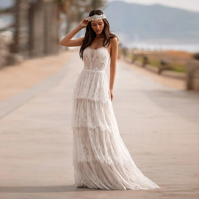 Time-Limited Offer Women's Lace Vintage Spaghetti Straps Wedding Dress