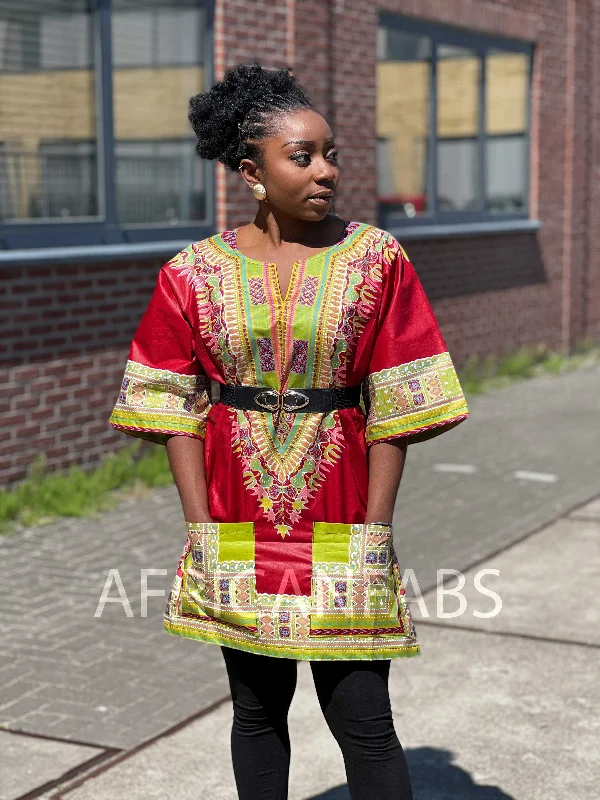 Quick Sale Red Dashiki Shirt / Dashiki Dress - African print top - Unisex - Vlisco