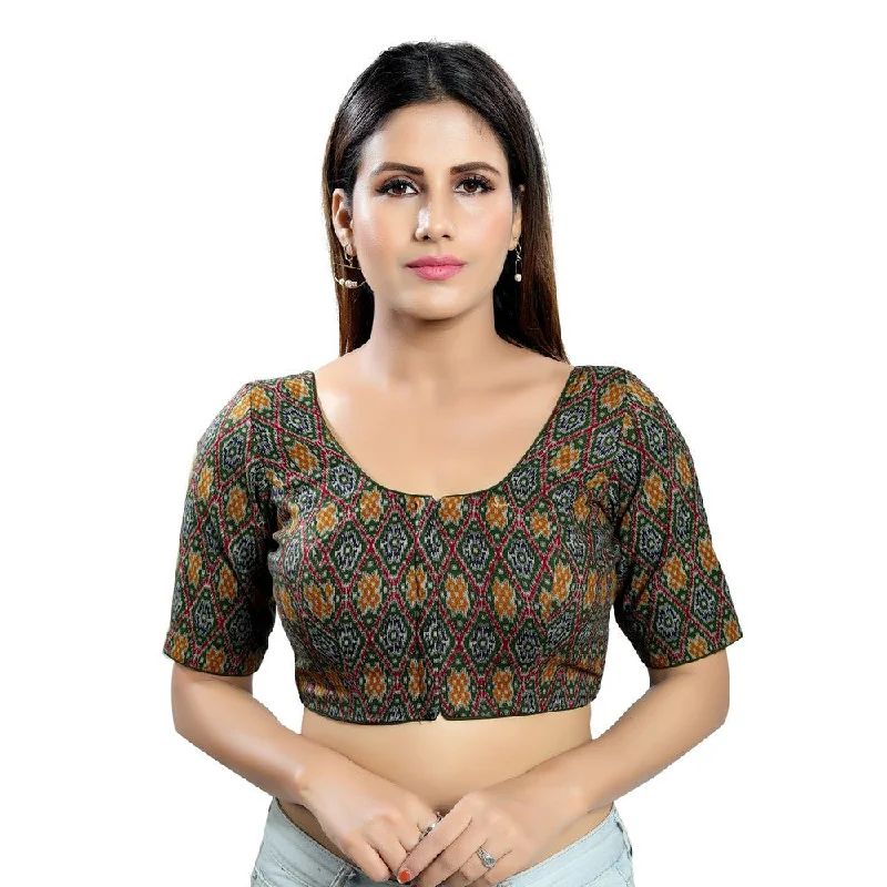 Limited Time Offer Lovely Green Designer Indian Traditional Ikat Printed Elbow Sleeves Saree Blouse Choli (X-1032ELB-Green)